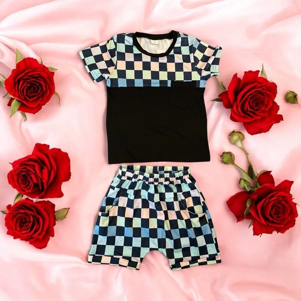 Kids Checkered Matching Set - Black and Blue